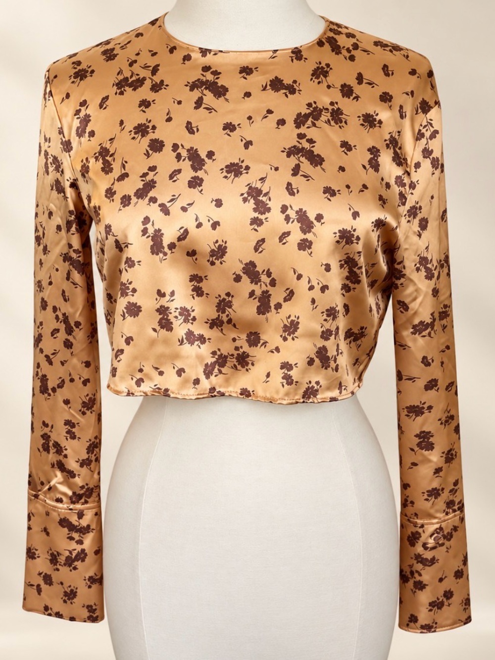 Zara Satin Floral Crop Top Small Copper Brown Long Sleeve Blouse